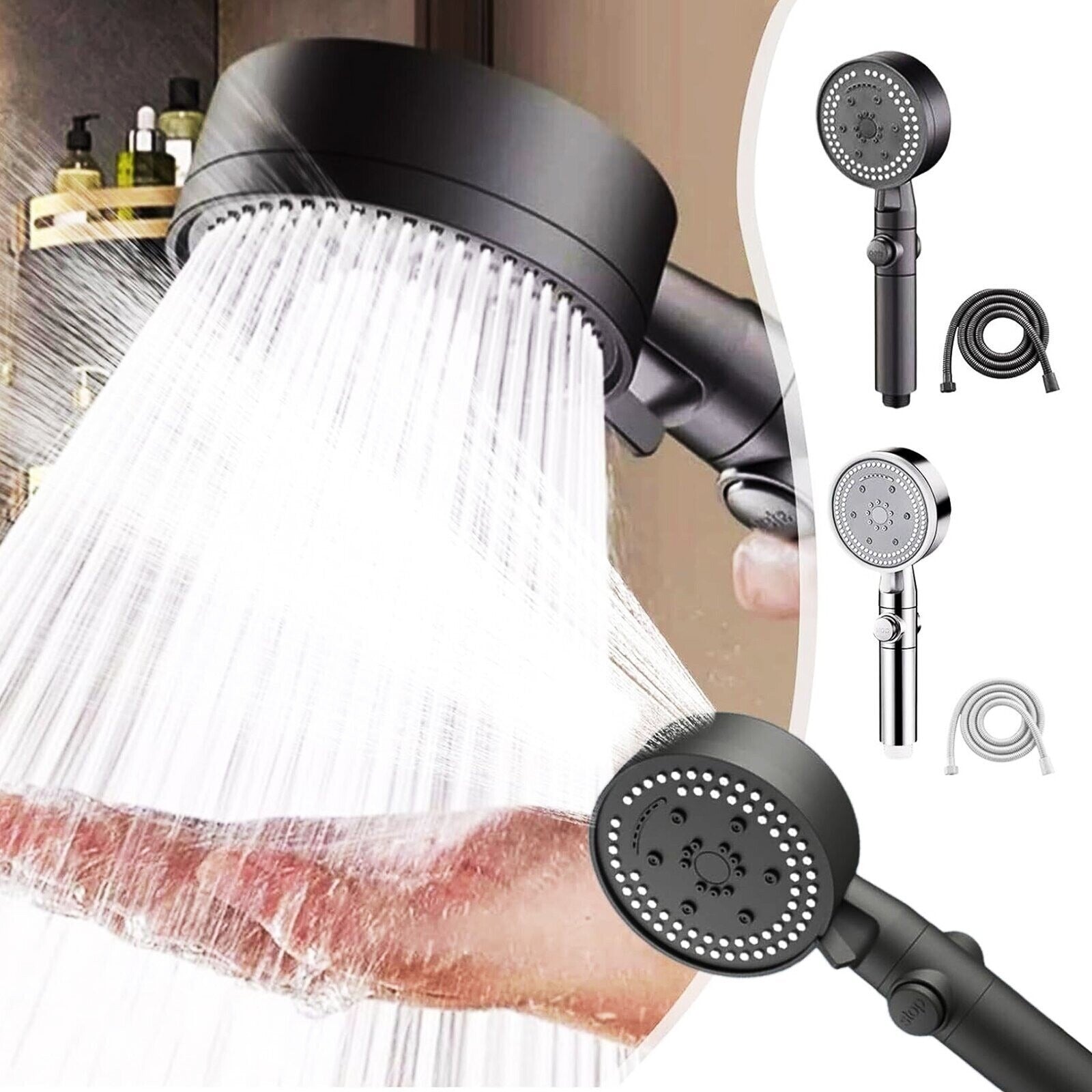 Bath Shower Head High Pressure 5 Mode Large Chrome Handset Heads Water Saving UK - LIFEHACKSHOP